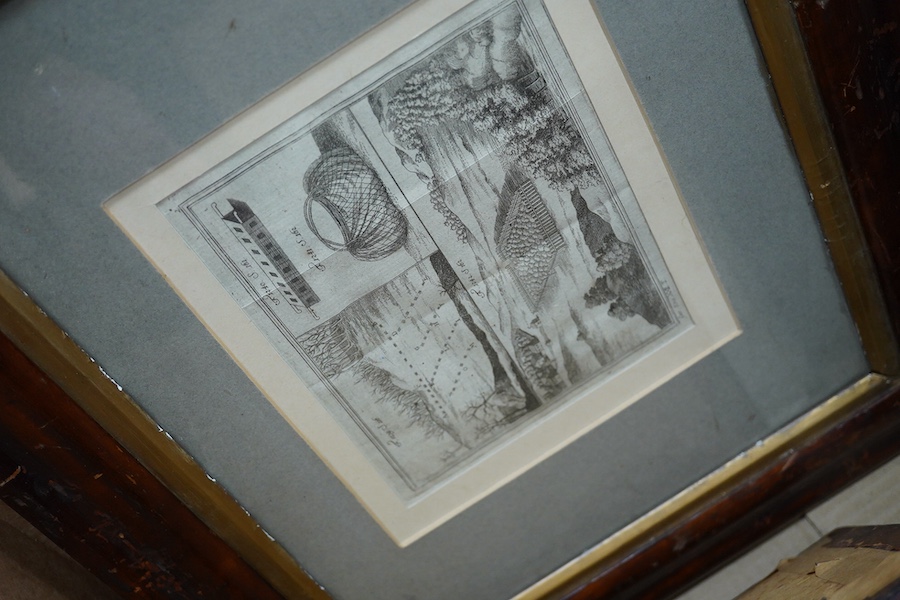 A collection of prints and watercolours to include after John Macwhirter, ‘The incessant roar of headlong tumbling floods’, and After Cruikshank, ‘A Dandy fainting or an exquisite in fits’ and a watercolour inscribed Joh